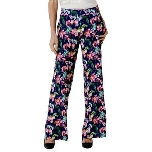 Brooke Shields Navy Iris Floral Print Wide Leg Flat Front Pants "Tlmeless" Sz M